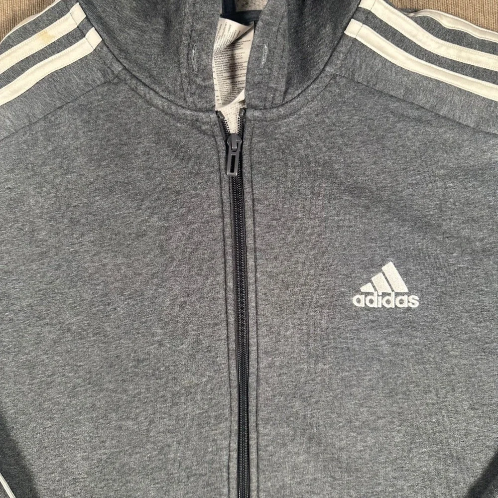 Adidas Mens Full Zip Hoodie Gray White 3-Stripe Active Sweatshirt Size Medium